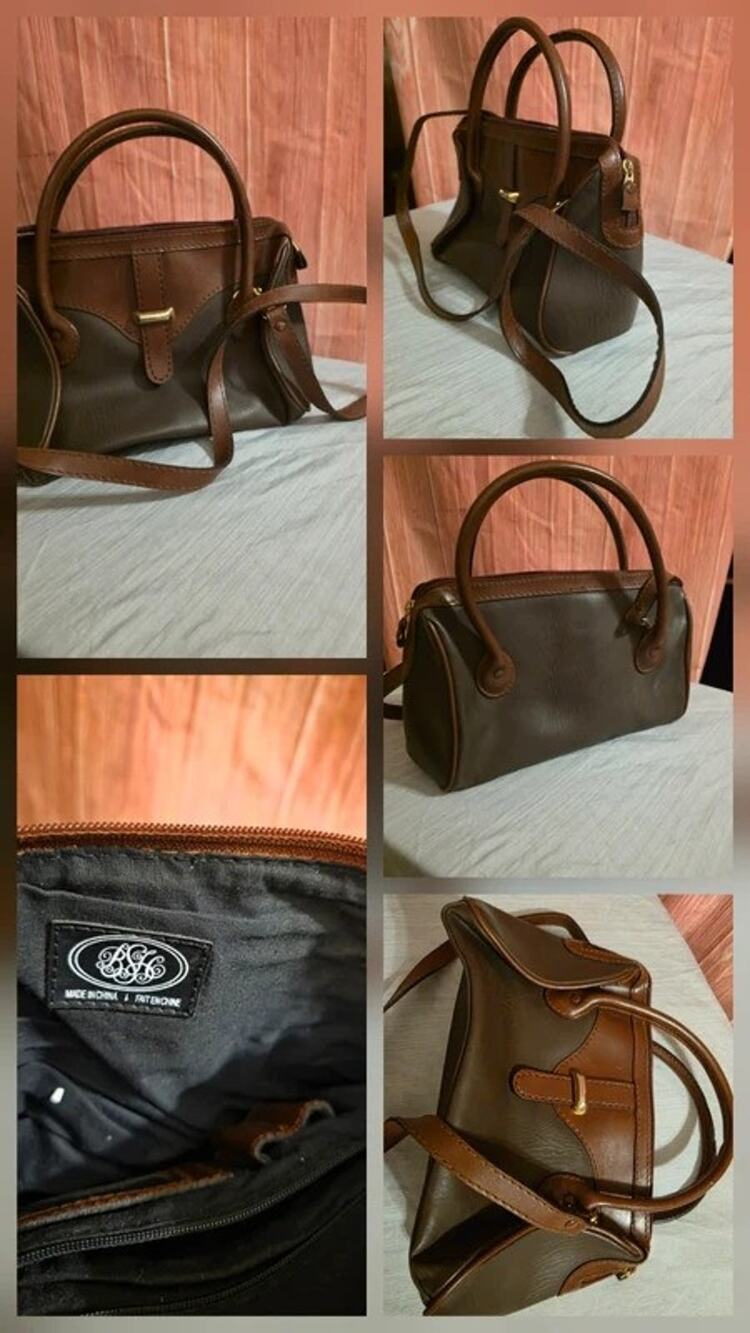Vintage Two-Tone Brown & Olive Satchel Bag - Double Handles & Crossbody Strap